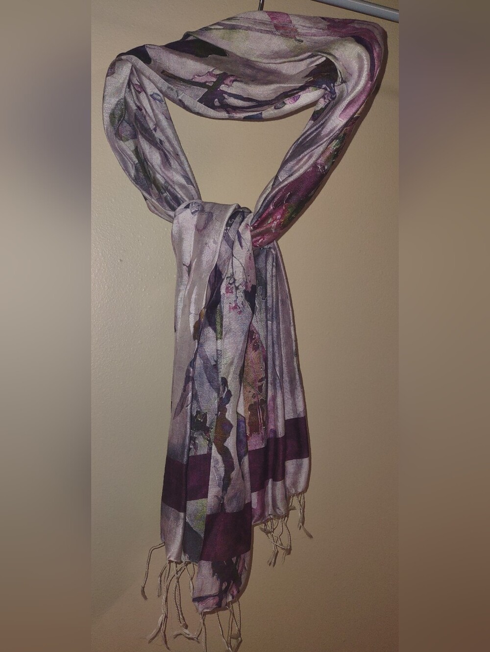 Sevya Handmade Purple Watercolor Floral Scarf with Fringed Tassels Boho Wrap 70"